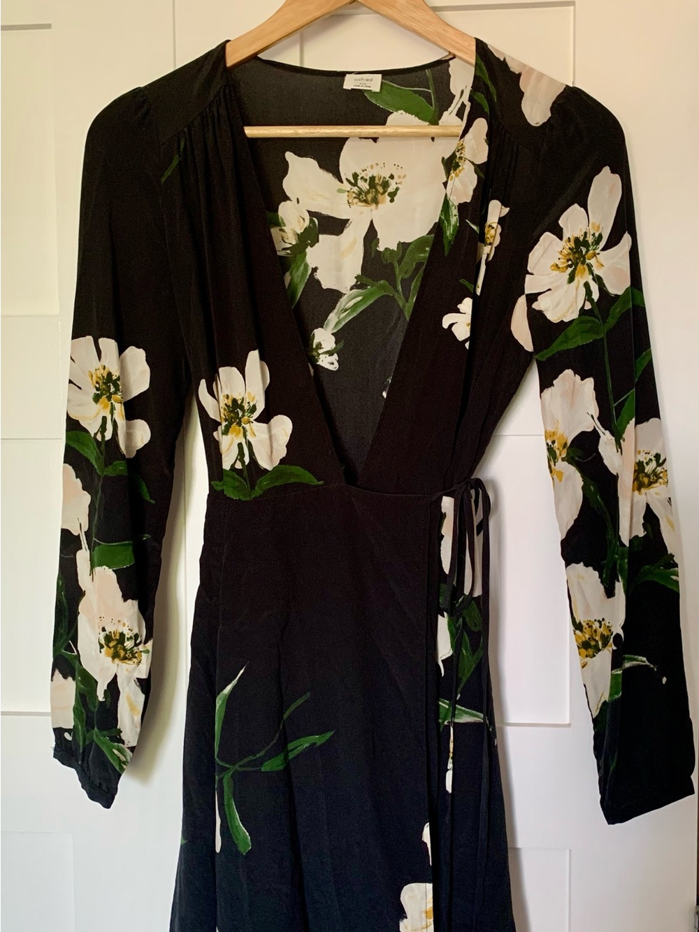 Wilfred Black Wrap Dress with White & Green Floral Print